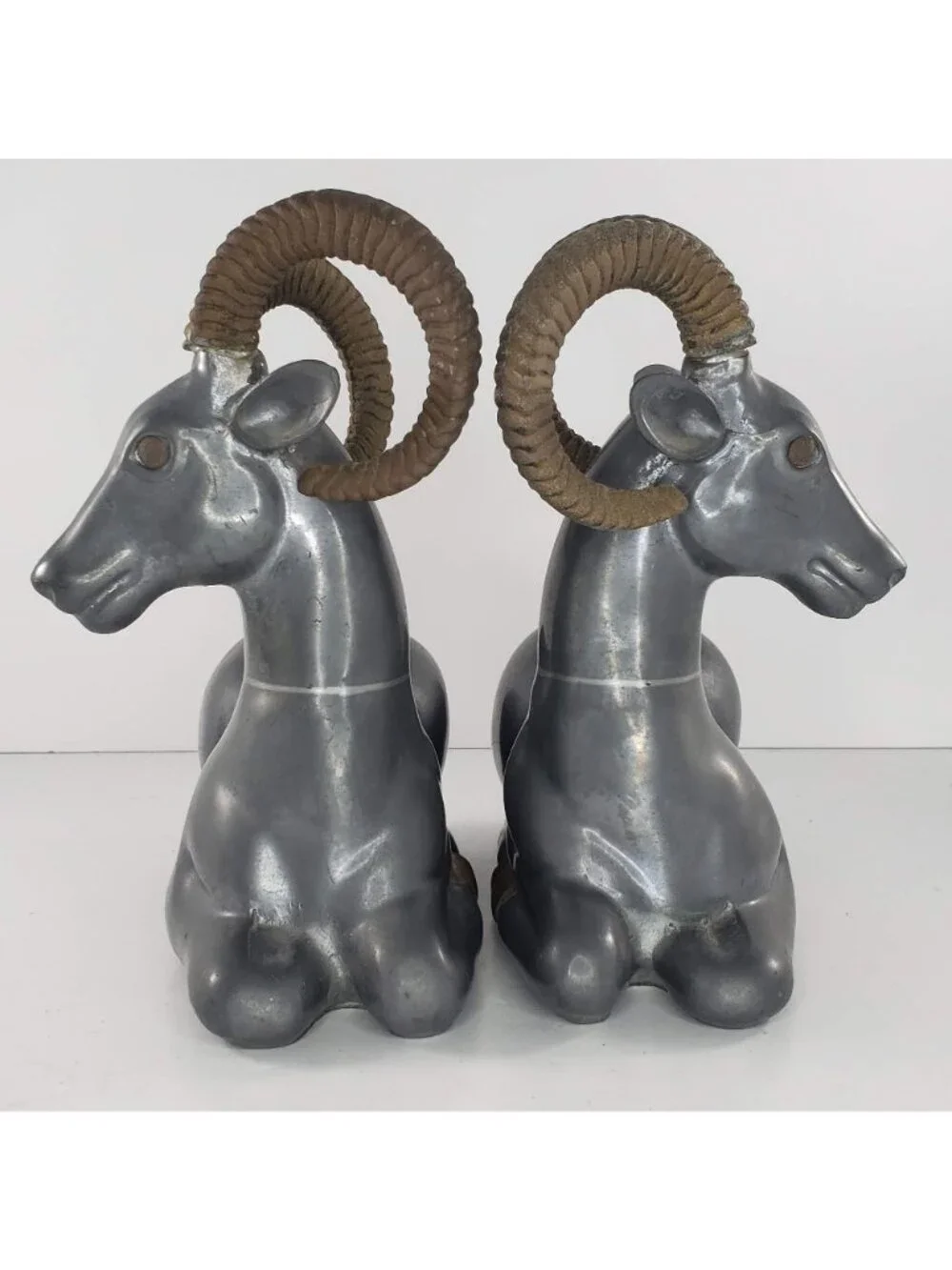 Art Deco Pewter Brass Ram Antelope Ibex Bookend Pair Vintage 1930s